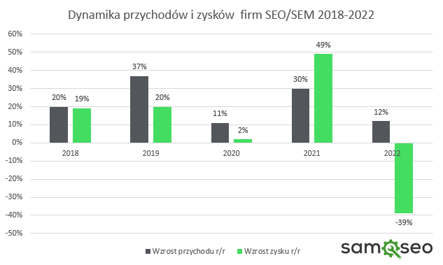 Dynamika przychodów i zysków firm SEO SEM 2018-2022