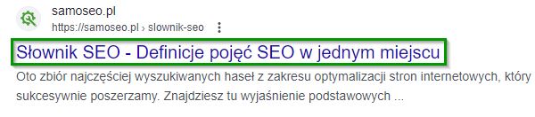 Przykład tagu title na podstawie zapytania "SAMOSEO" w wynikach wyszukiwania Google